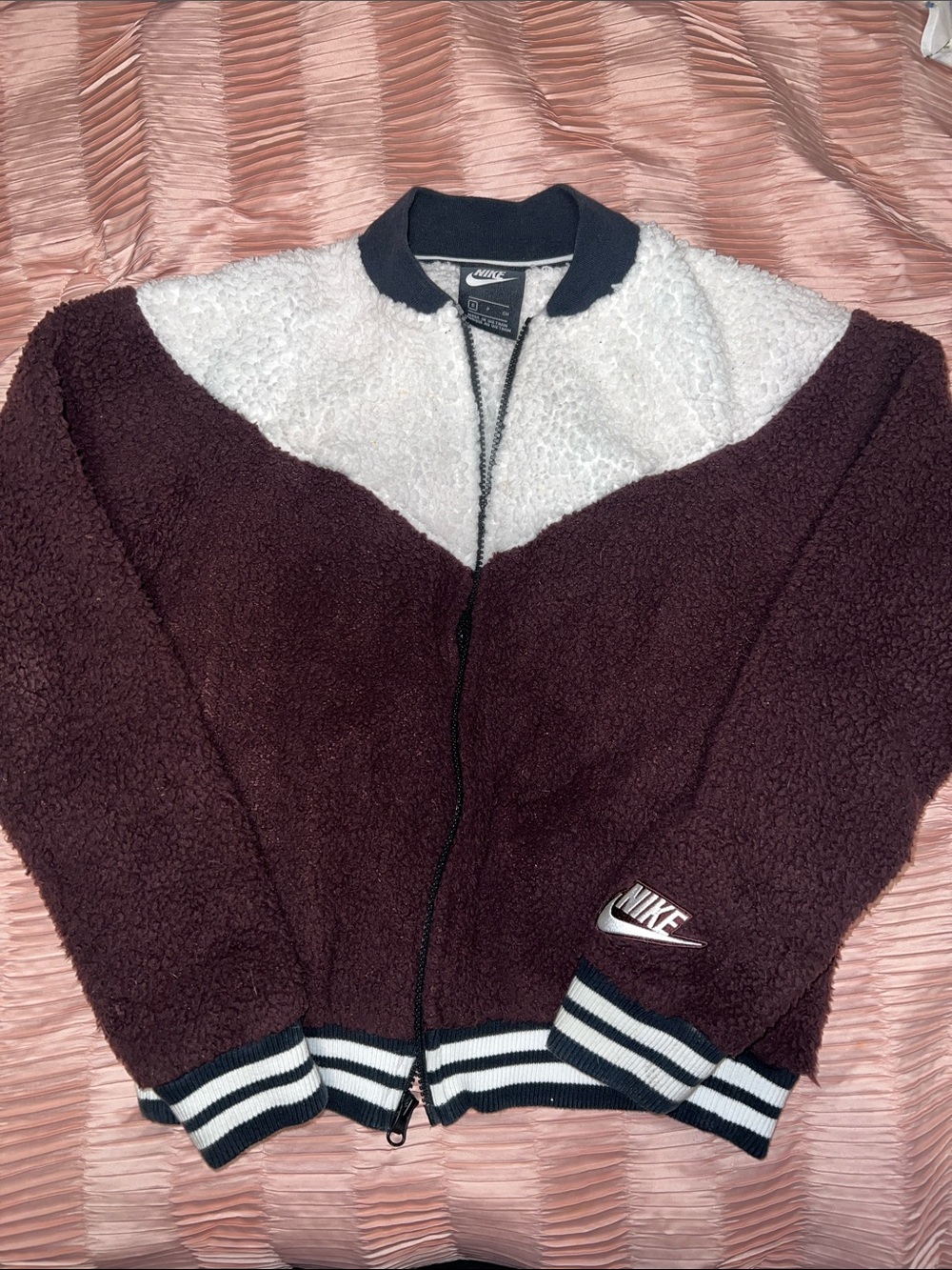 Nike Women's Maroon and White Teddy Bomber Jacket